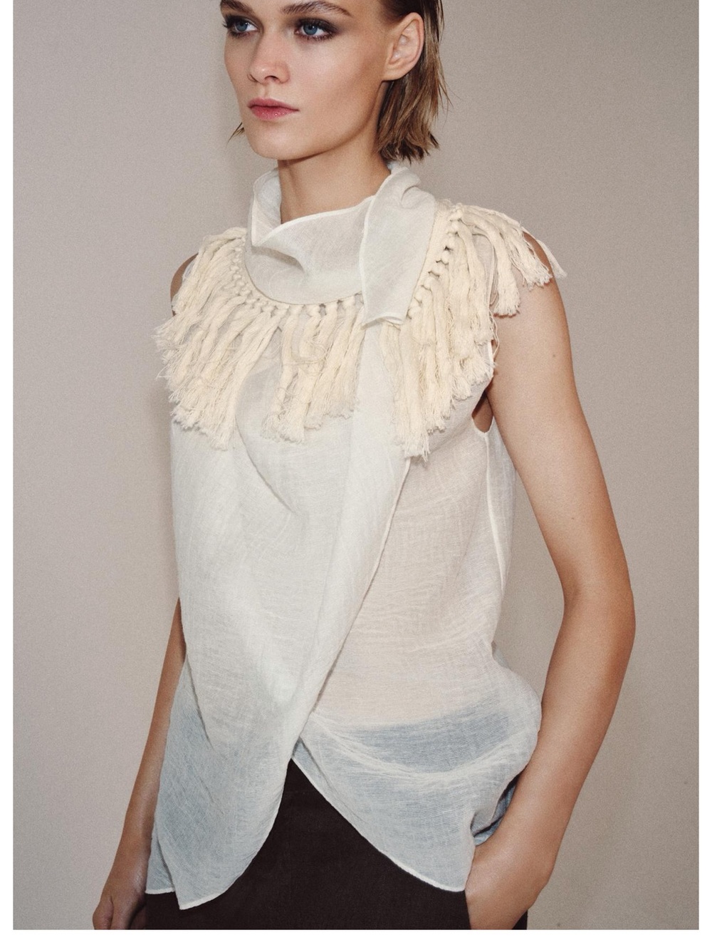 Zara Cream Fringe-Trim Sleeveless Camisole